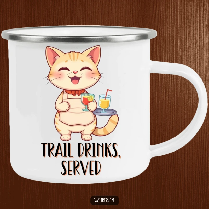 Funny Cat Waiter Camping Mug with a cheerful cat in a server apron, holding a tray of drinks.