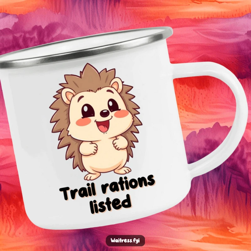 Funny happy hedgehog character with a large menu, looking eager, on an enamel camping mug, perfect for outdoor dining.