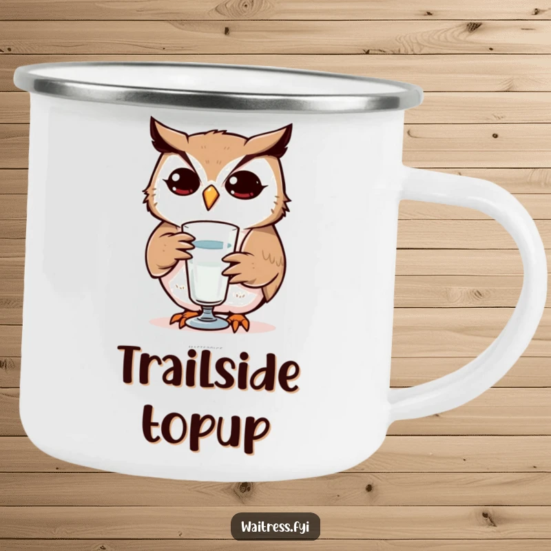 Funny Owl Camping Mug: Sturdy mug with a determined owl refilling a glass, symbolizing attentiveness, a great funny gift.