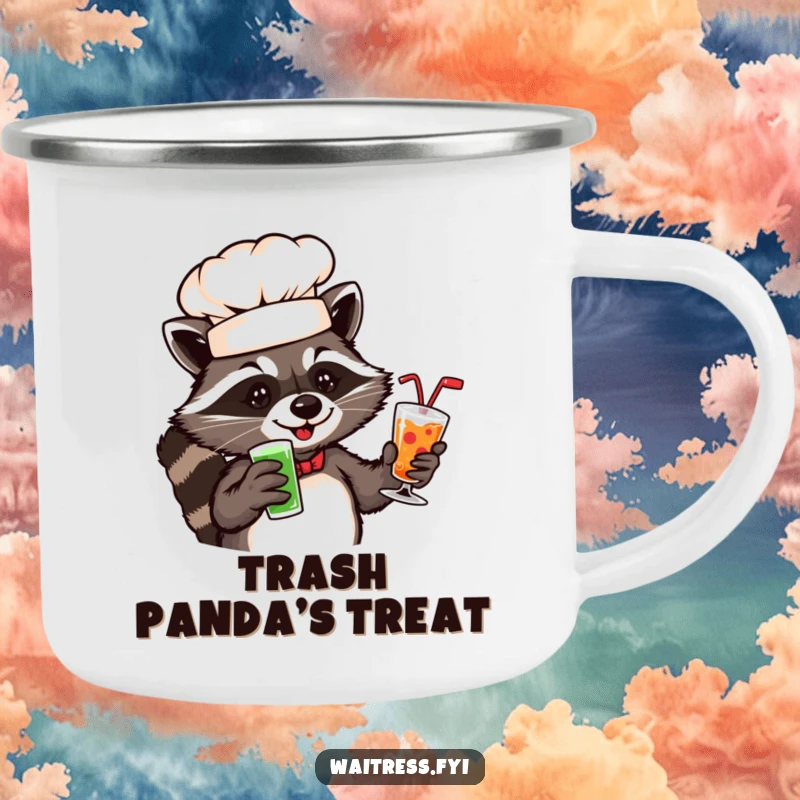 Funny raccoon chef camping mug featuring a playful raccoon in a chef hat serving drinks.