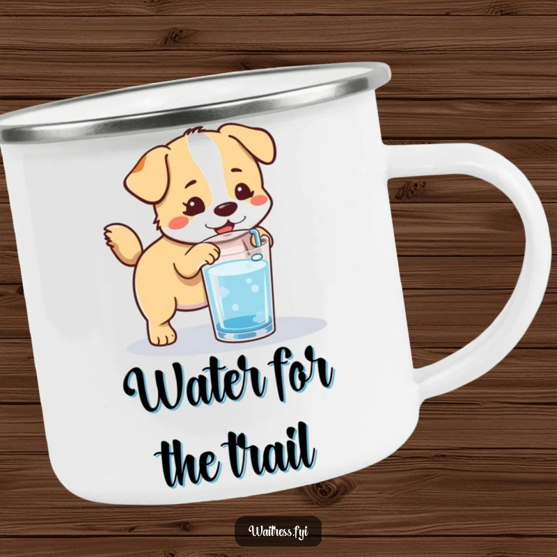 Funny Kawaii Dog Camping Mug: A cute, tail-wagging dog refilling a glass, designed for outdoor adventures and happy sipping.