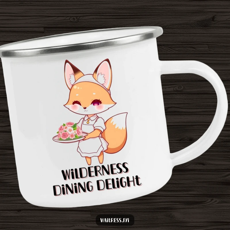 Funny fox waitress camping mug showing a cute fox presenting a flower-decorated dish, perfect for campers and as a humorous funny gift.