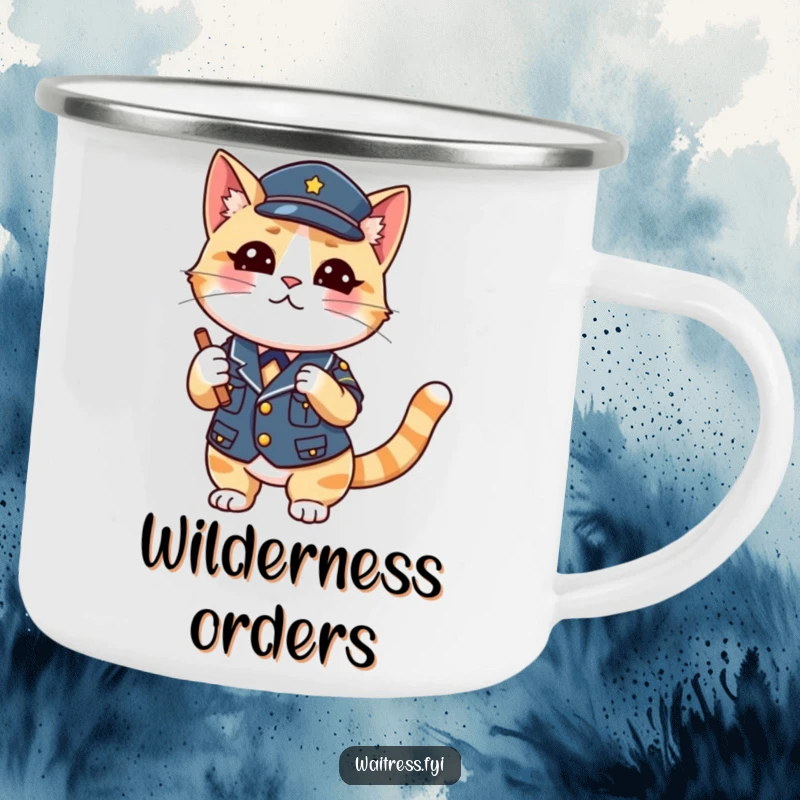 Funny Cat Waiter Camping Mug with a playful cat in uniform winking, ideal for camping trips and as a funny gift.