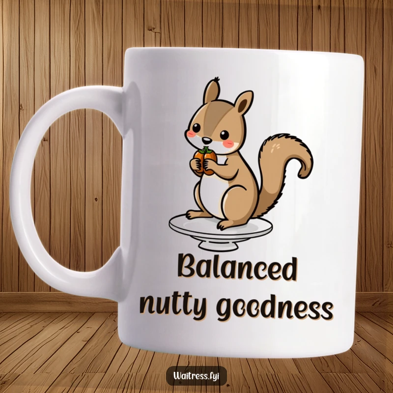 Funny Squirrel Nut Mug featuring a cute squirrel expertly balancing nuts on a tiny serving dish, showcasing adorable precariousness.