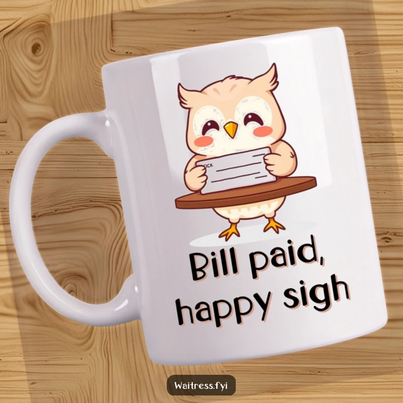Funny mug showing a happy owl carrying a check to a table, symbolizing financial success and good service with humor.
