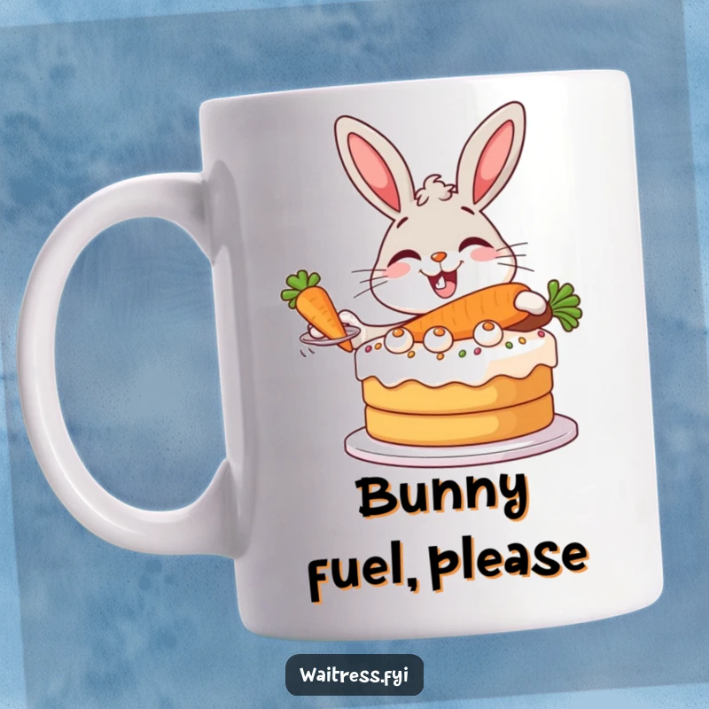 Funny Bunny Baker Mug with a giggling rabbit in an apron, proudly serving a giant carrot cake with a flourish.