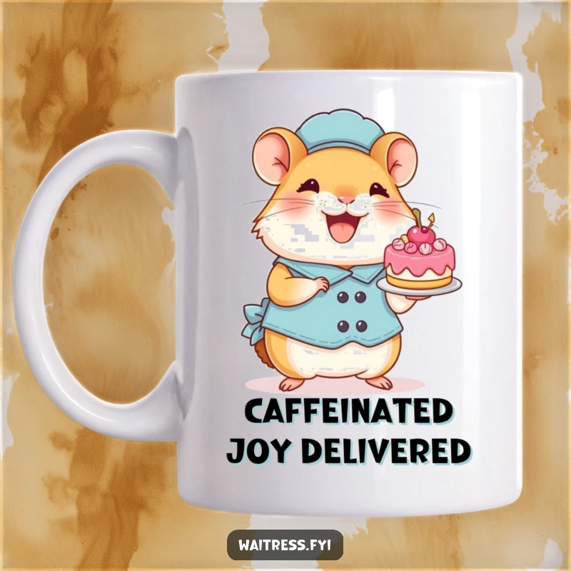 Funny Hamster Waitress Mug: A perky hamster gleefully presents a tiny, decorated cake with boundless enthusiasm and a cute smile.