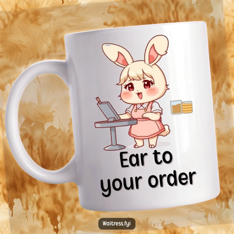Funny bunny waitress mug showing a chubby bunny with large ears happily taking an order, a delightful and humorous funny gift.