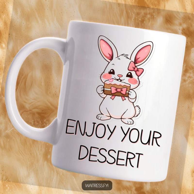 Funny bunny cake mug featuring a playful bunny presenting a slice of cake adorned with a ribbon bow.