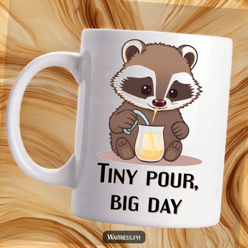 Funny badger mug, a brave badger carefully pouring a drink from a tiny pitcher with focus. A charming animal bartender.