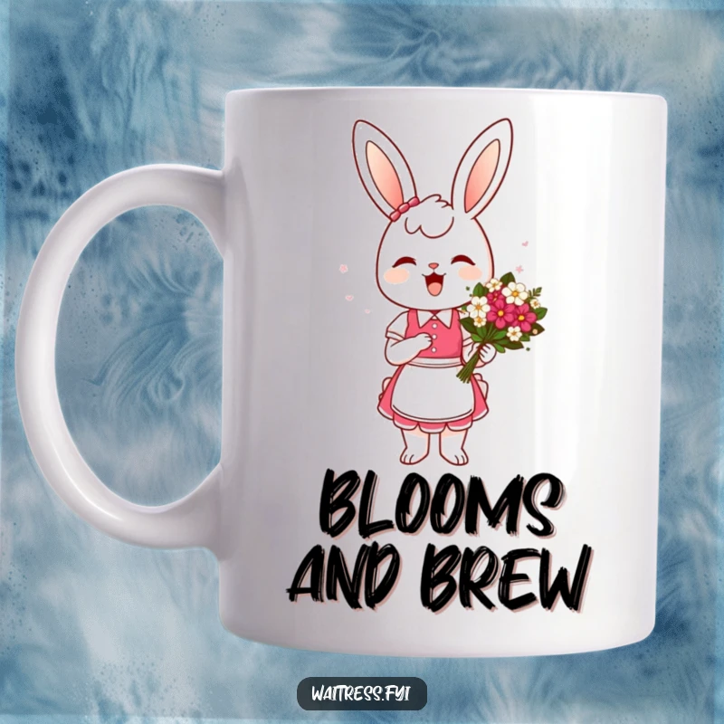 Funny Bunny Waitress Mug: A cheerful bunny waitress in uniform presents a beautiful flower bouquet with a graceful curtsey, spreading joy.
