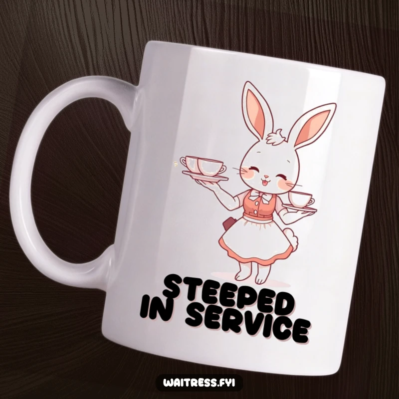 Funny bunny waitress mug showing a smiling bunny gracefully balancing a tray full of teacups, ready to serve.