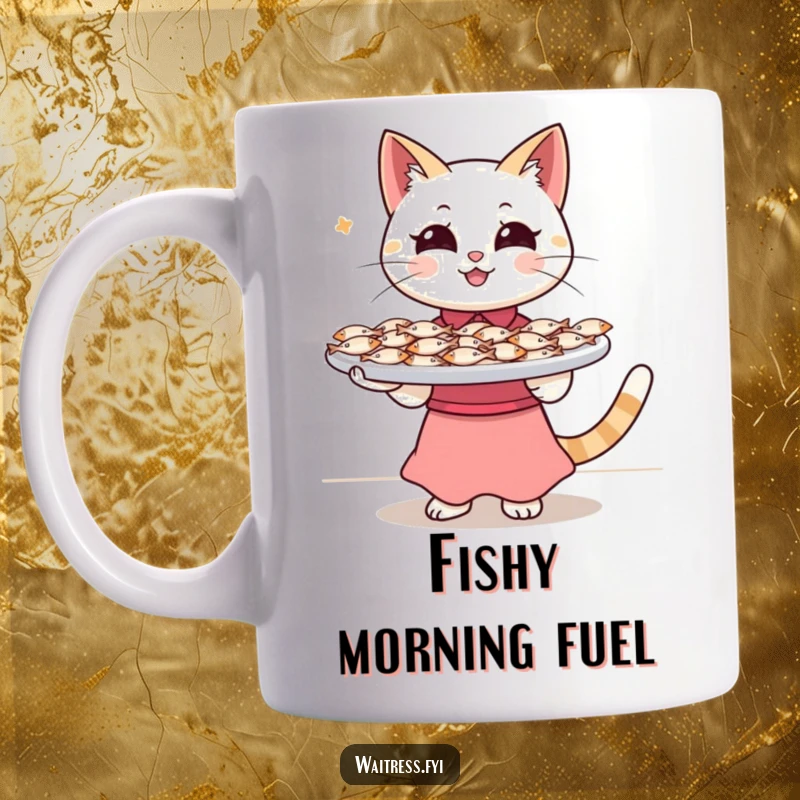 Funny Cat Waitress Mug: A happy cat wearing an apron expertly balances a tray overflowing with tiny fish, serving with feline finesse.