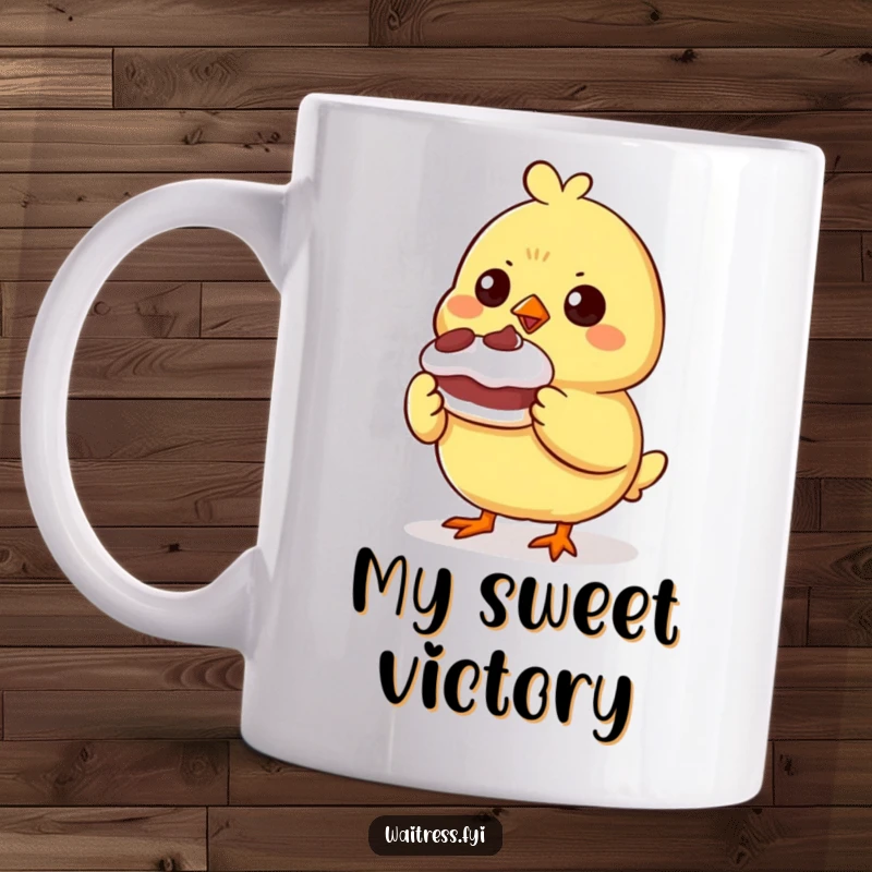 Funny determined chick character proudly presenting a small, wobbly dessert, captured on a mug, symbolizing effort and pride.