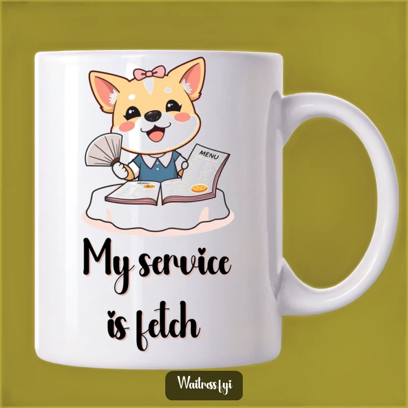 Funny Dog Waitress Mug: Bubbly Pup Serving Smiles with a Menu, Perfect Humorous Gift