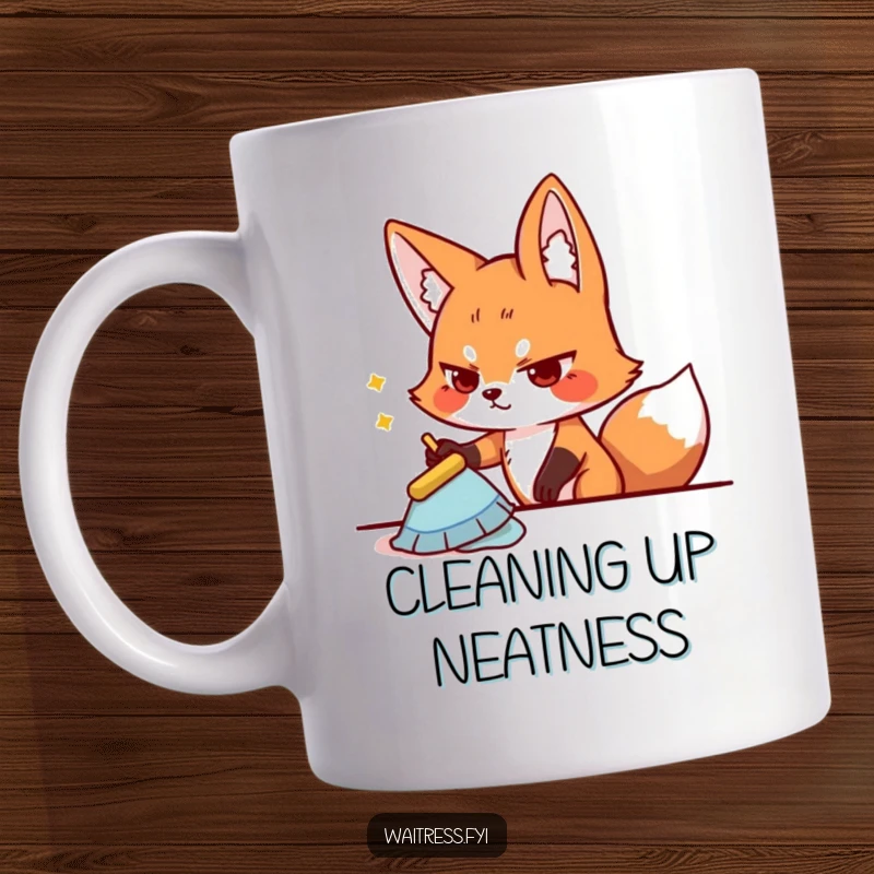 Funny playful fox character determinedly wiping a table, captured on a mug, representing diligence and cleanliness.