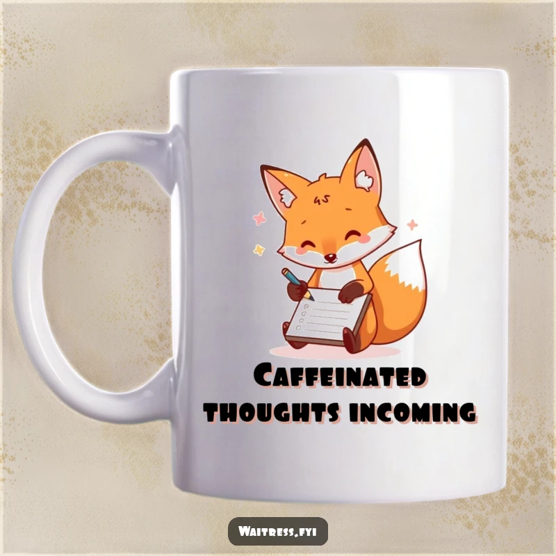 Funny fox mug showing a playful fox scribbling orders on a notepad with happy, quick movements, a humorous scene.