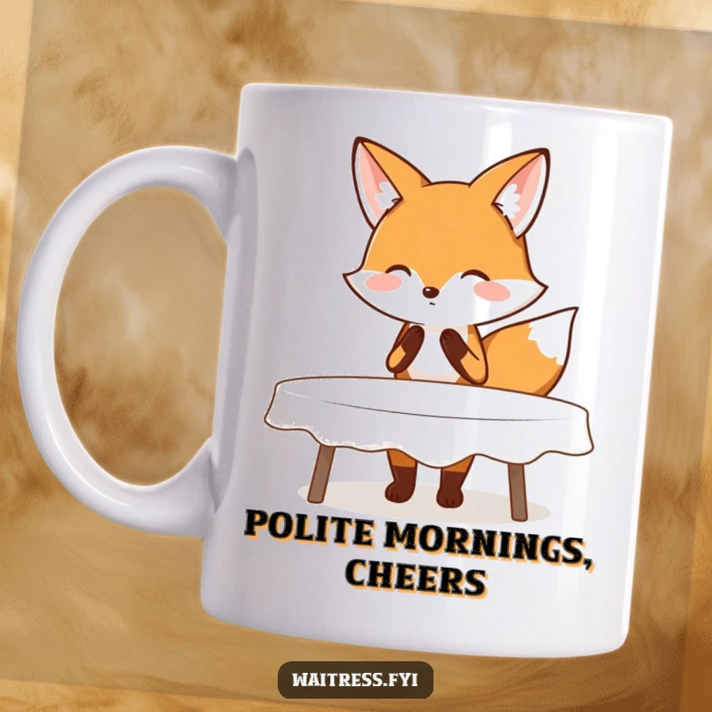 Funny mug showing a blushing fox performing a polite curtsy while clearing a table, symbolizing grace and gentle humor.
