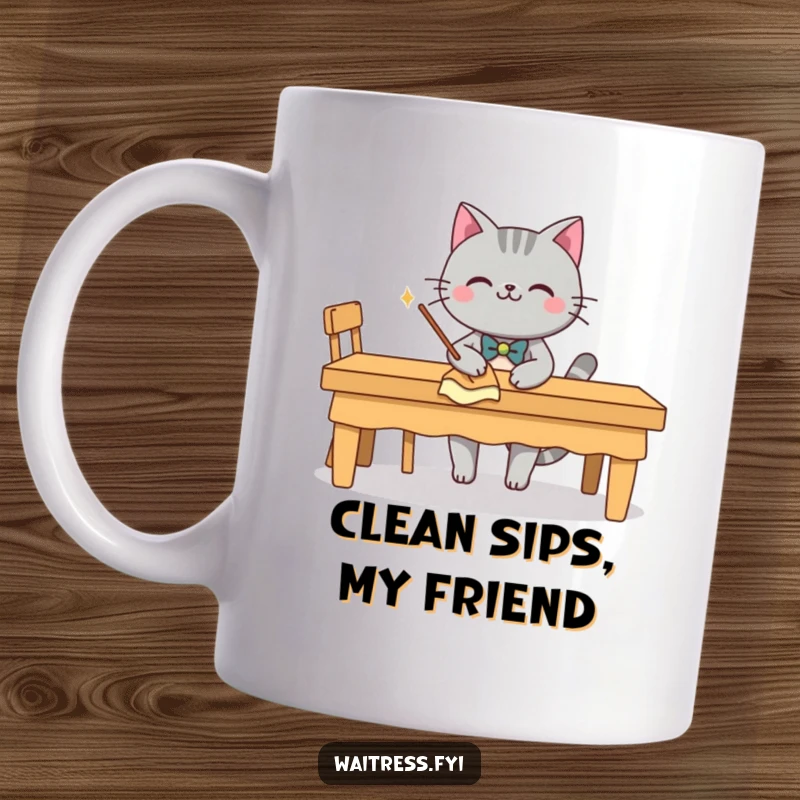 Funny grey cat character with a bow tie, smiling and wiping a table, on a mug, a perfect funny butler gift.