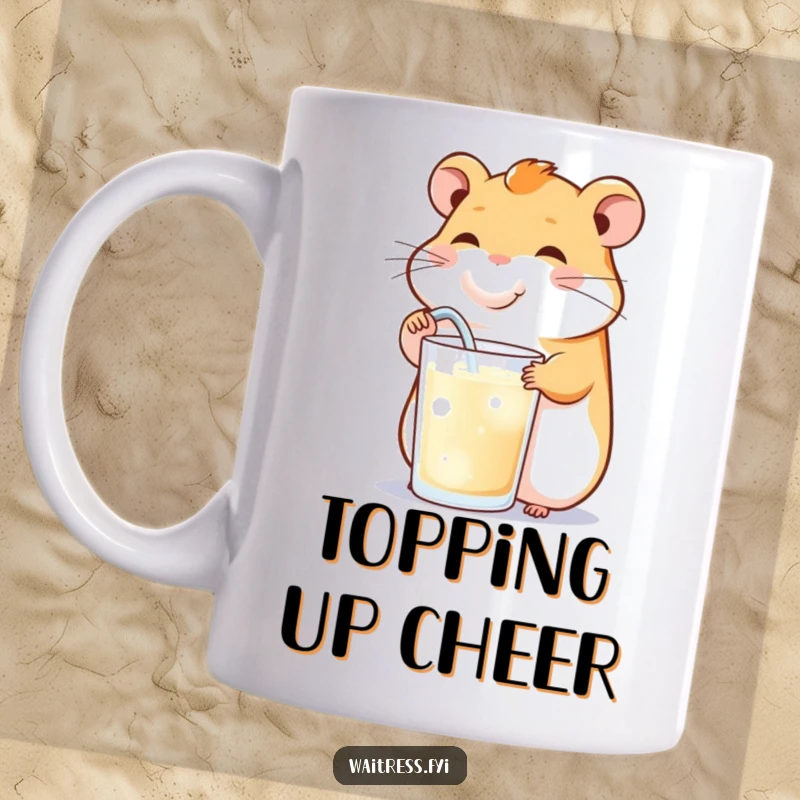 Funny mug showing a happy hamster using its cheeks to refill a drink, symbolizing cheerful service and abundance.