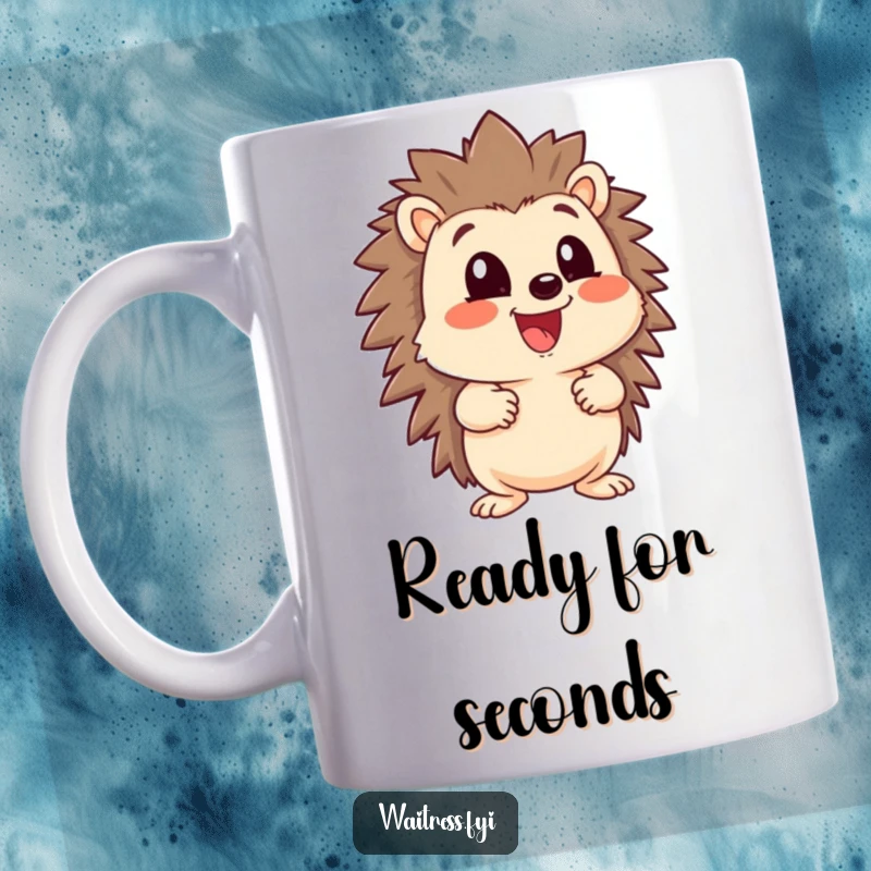 Funny happy hedgehog character holding a comically oversized menu, looking eager to serve delicious food, on a mug.