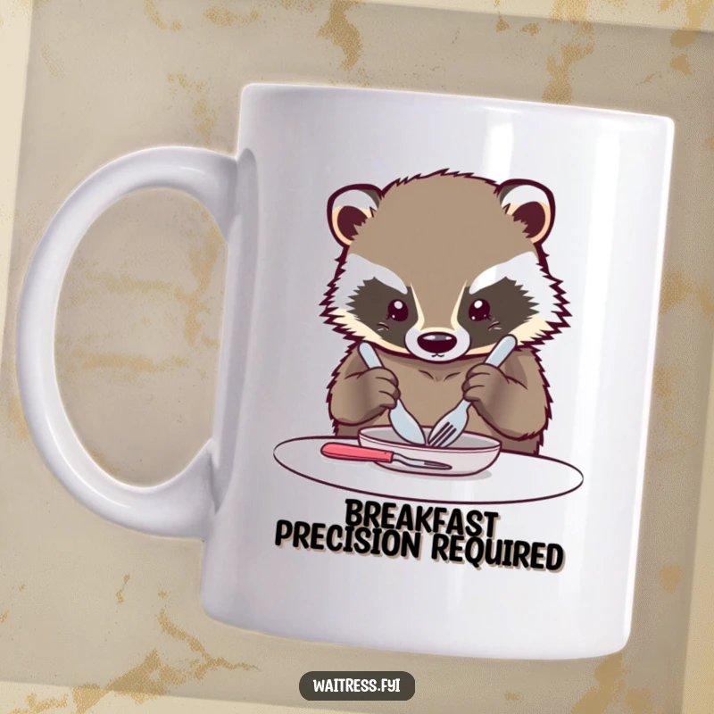Funny Kawaii Badger Mug: A cute badger carefully arranges cutlery with intense focus, embodying neatness.