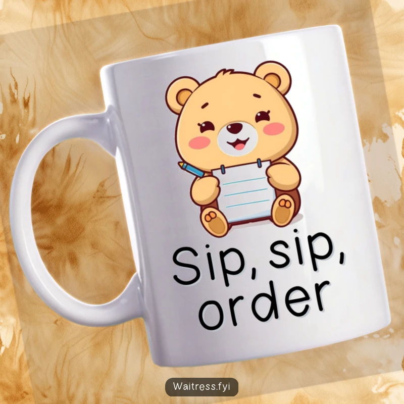 Funny Kawaii bear mug featuring a happy bear with a notepad and pen, ready to take orders with a smile.