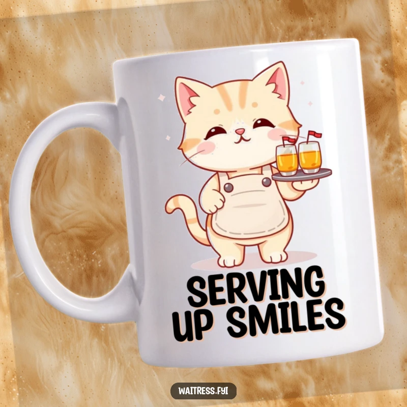Funny kawaii cat mug showing a cute cat in an apron balancing a tray of drinks, a delightful and humorous funny gift.