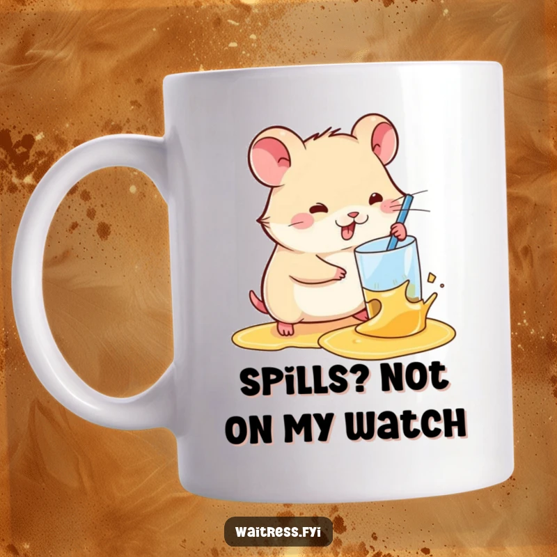 Funny Kawaii Hamster Mug: A determined hamster efficiently wipes up a spilled drink, showcasing speed and a funny, relatable moment.