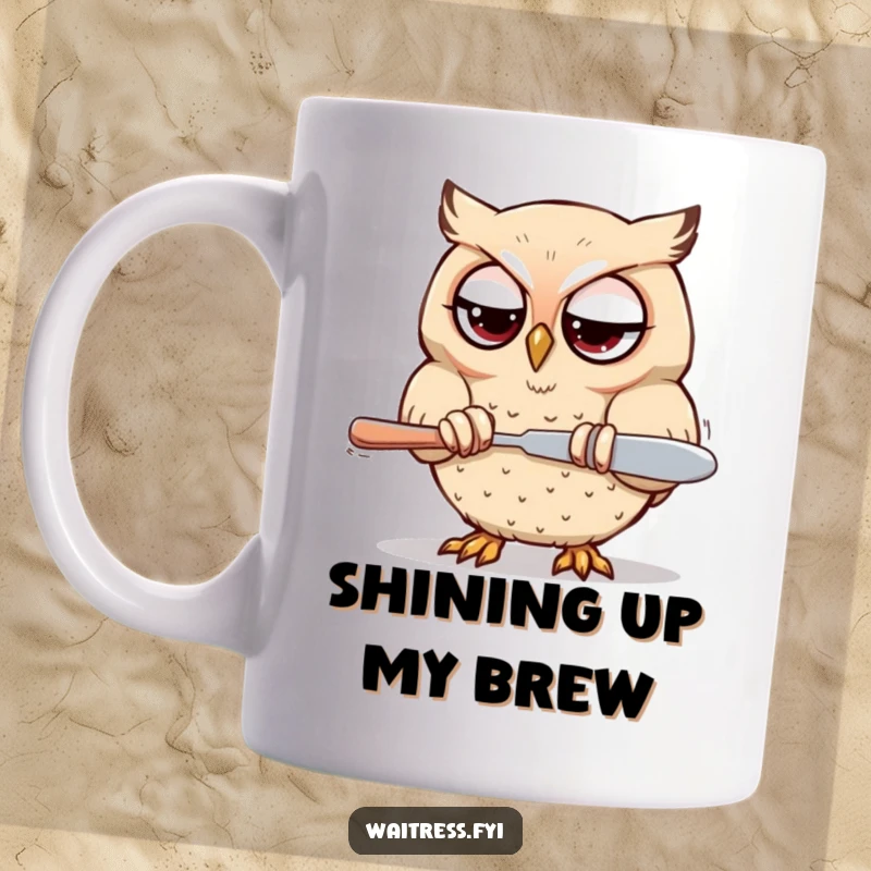 Funny Kawaii owl mug featuring a determined owl polishing silverware with focused eyes, ready for a sparkling clean.