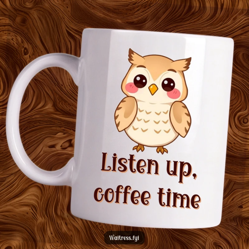 Funny Owl Listener Mug featuring a cheerful owl character attentively listening to a customer with a knowing, understanding smile, offering silent wisdom.