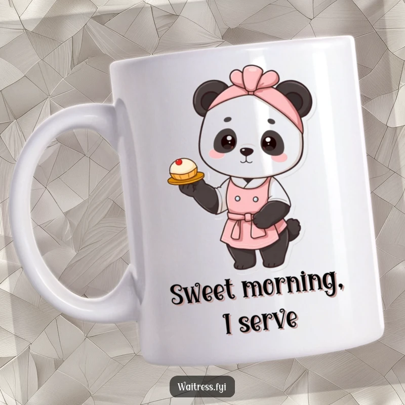 Funny panda waitress mug showing a graceful panda elegantly presenting a single delicate pastry, capturing a moment of refined service and charm.