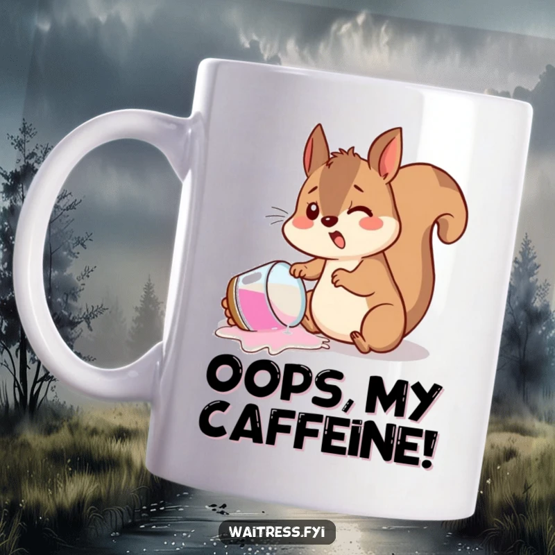 Funny mug depicting a startled squirrel accidentally spilling a drink, capturing a moment of comical chaos.