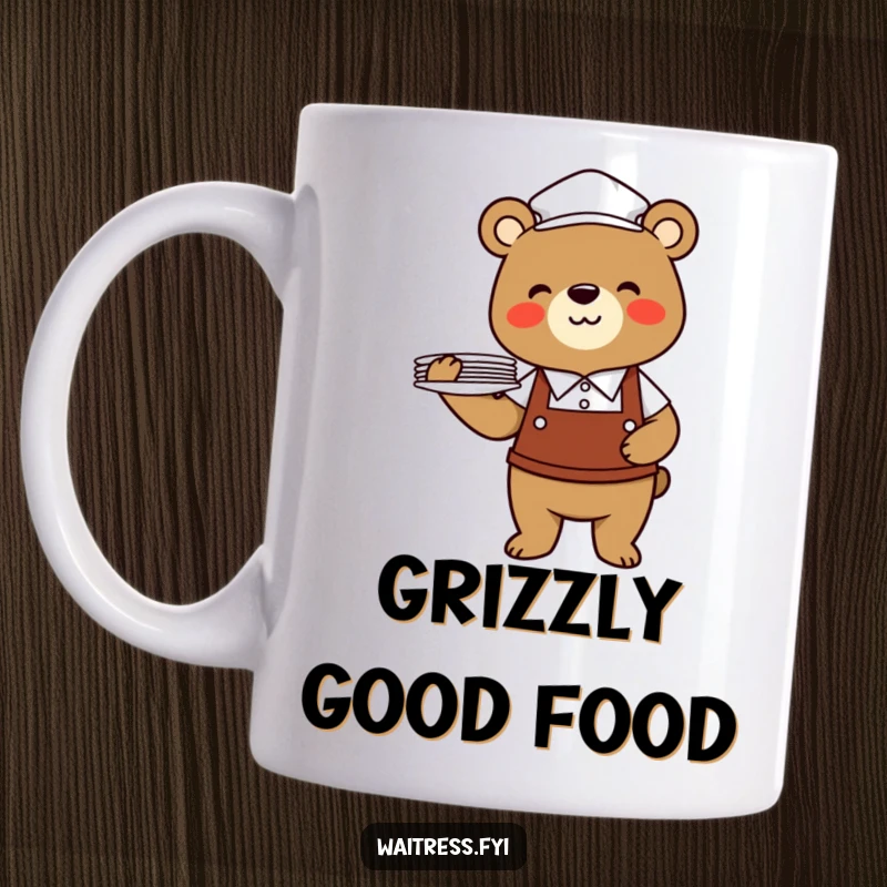 Funny bear waiter mug featuring a cheerful bear in uniform balancing a tall stack of plates, ready to serve.
