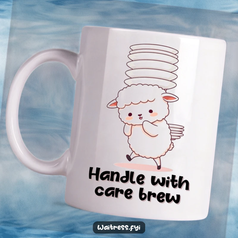 Funny Sheep Plate Struggle Mug showing a fluffy sheep character adorably struggling to carry a very tall stack of plates, creating a comical scene.