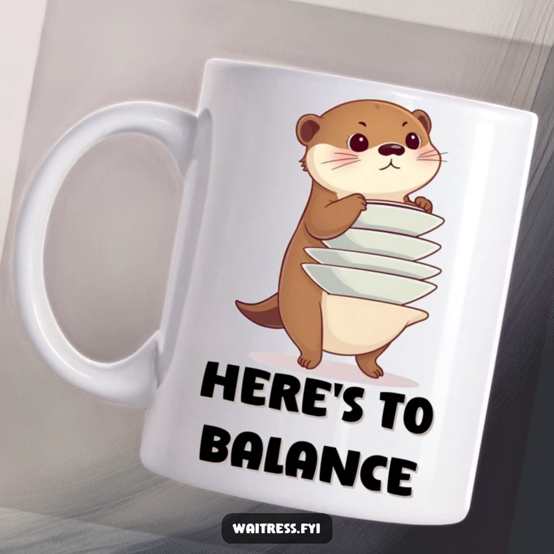 Funny otter mug, a diligent otter balancing a precarious stack of plates with intense focus, symbolizing skill and humorous multitasking.