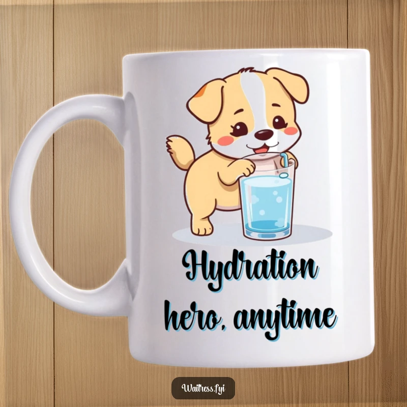 Funny Kawaii Dog Hydration Mug: An eager, tail-wagging kawaii dog happily refilling a water glass, promoting hydration.