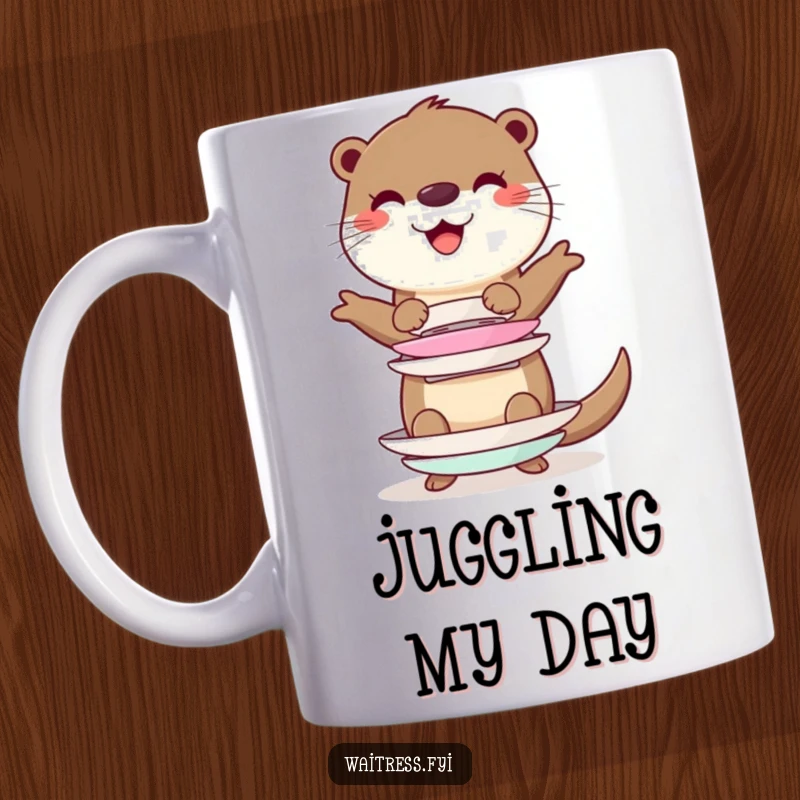 Funny cheerful otter character precariously balancing a tall stack of imaginary plates, captured on a mug, symbolizing juggling tasks.