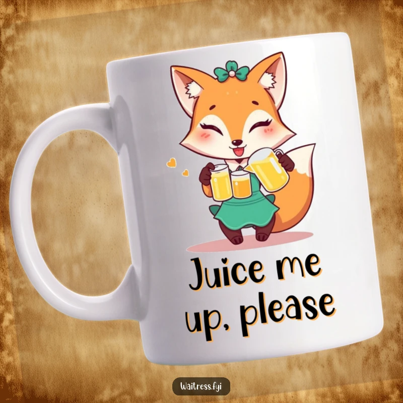 Funny Fox Waitress Mug: Playful fox winks while pouring juice, cheeky and humorous coffee cup.