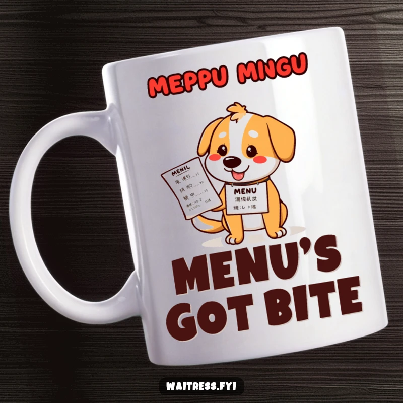 Funny dog waiter mug showing a cartoon beagle with a nametag, happily presenting a menu, ready to take your order with a smile.