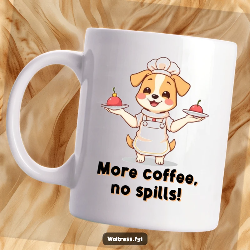 Funny Dog Waitress Mug: Smiling dog in apron joyfully juggling three small plates, cute and humorous gift idea.