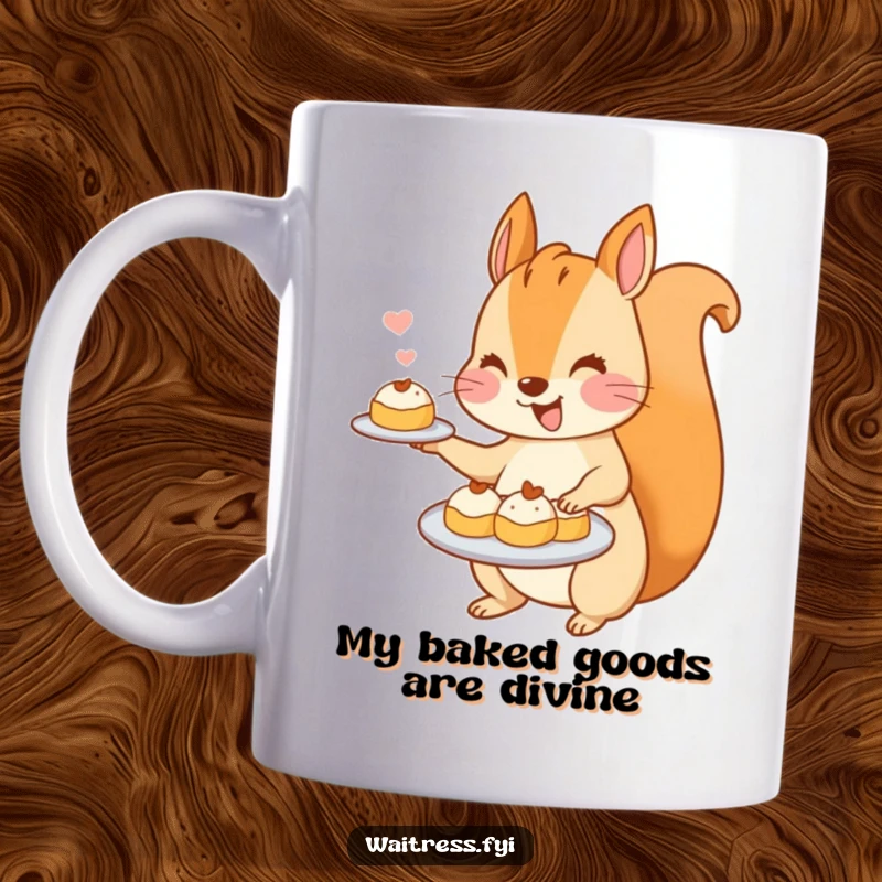Funny Kawaii Squirrel Mug: A cute squirrel enthusiastically serves a plate full of miniature pastries, bringing joy and humor to your kitchen.