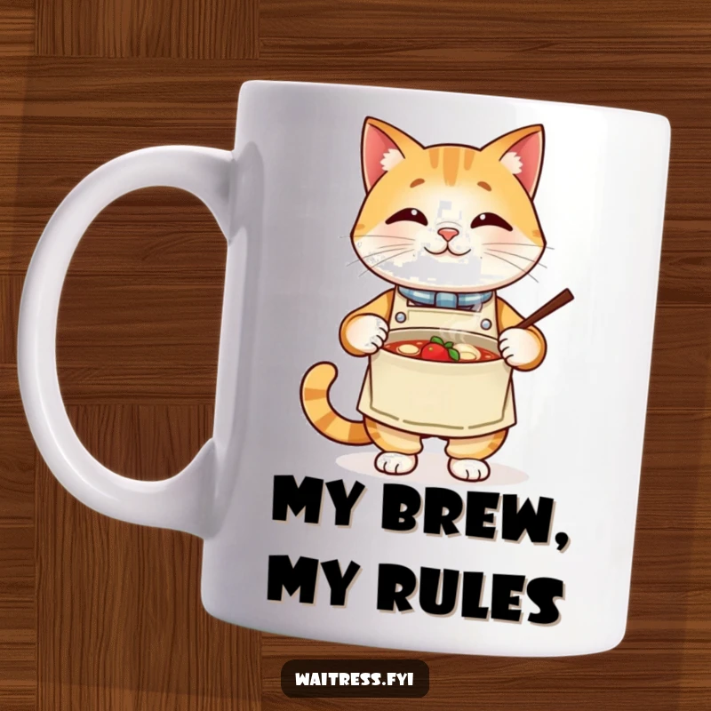 Funny cat chef mug, a proud cat wearing an apron presents a steaming bowl with dignity. A charming culinary feline design.