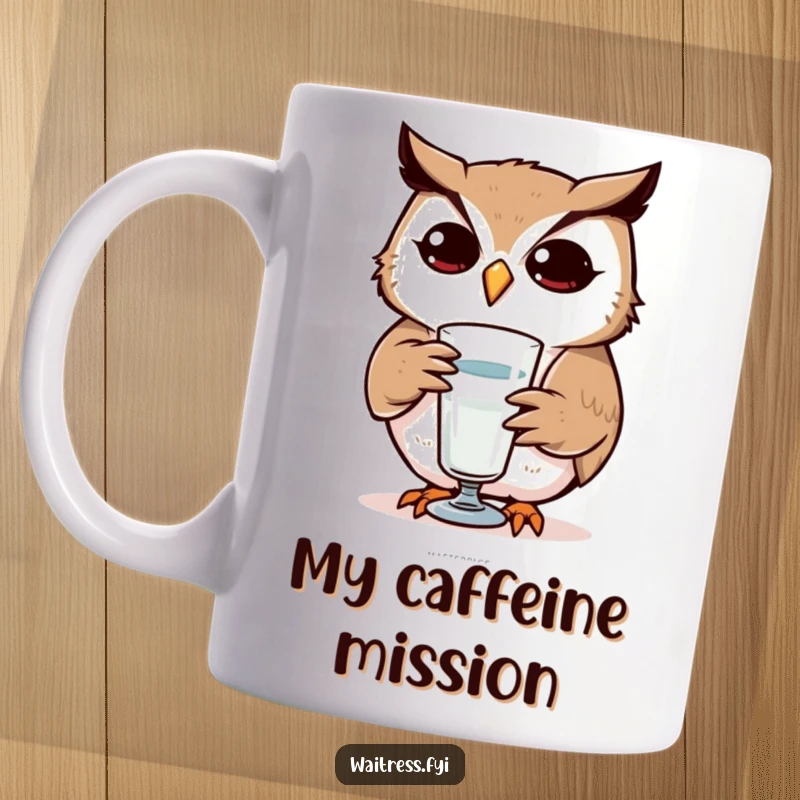 Funny Owl Mug: Determined owl character attentively refilling a glass, symbolizing focus and refreshment, making a great funny gift.