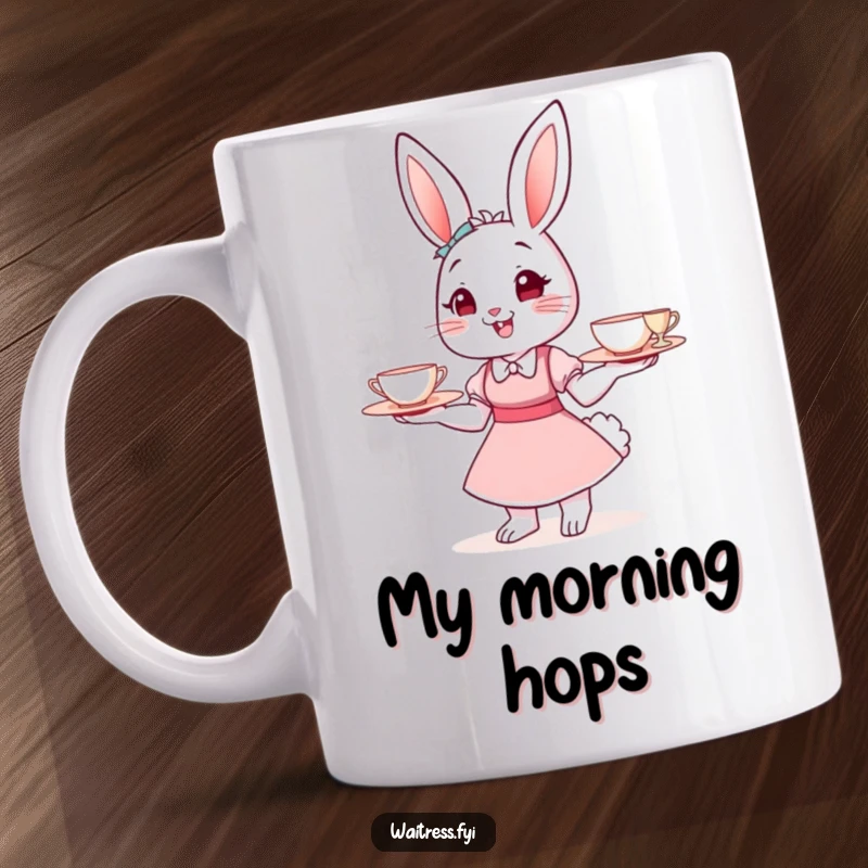 Funny Bunny Waitress Mug with a tray of tiny teacups, cheerful cartoon character, perfect for tea lovers and as a funny gift.