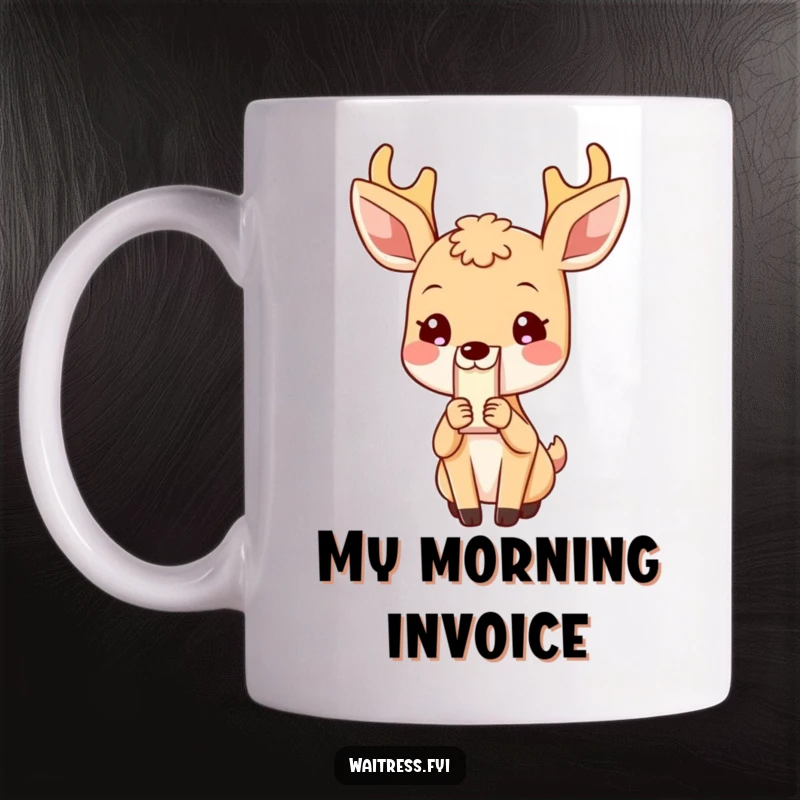 Funny Deer Mug: Blushing deer character politely presenting a bill, symbolizing polite service and gentle humor, making a great funny gift.