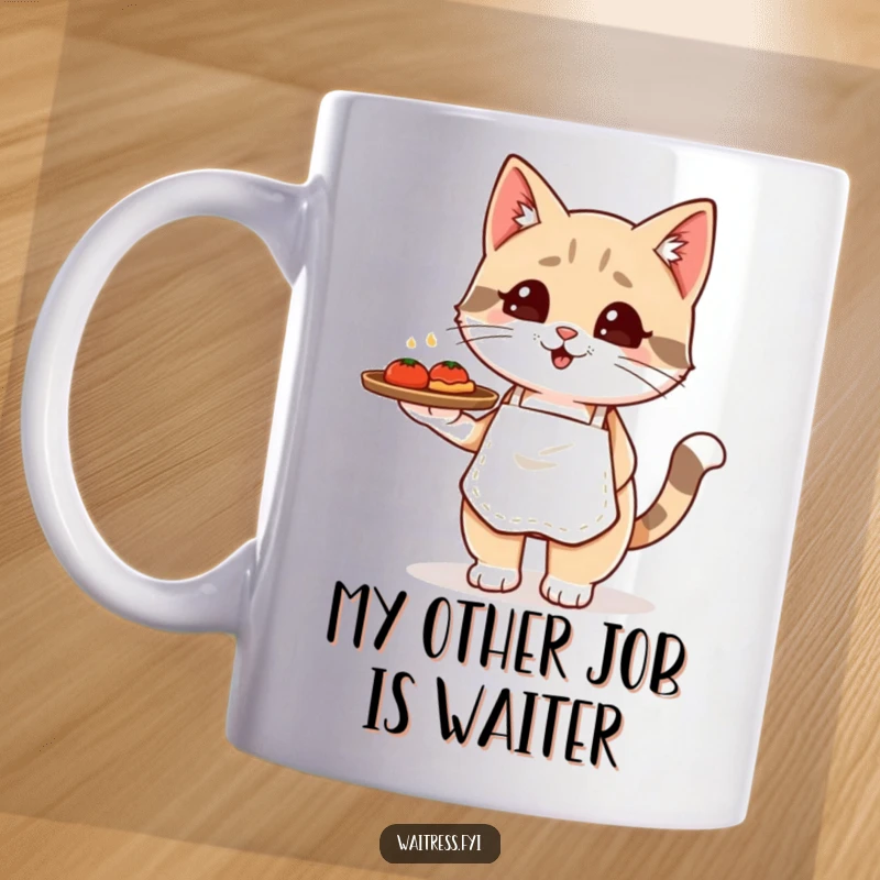Funny Kawaii cat waiter mug featuring a cute cat in an apron balancing a food tray, ready to serve with a smile.