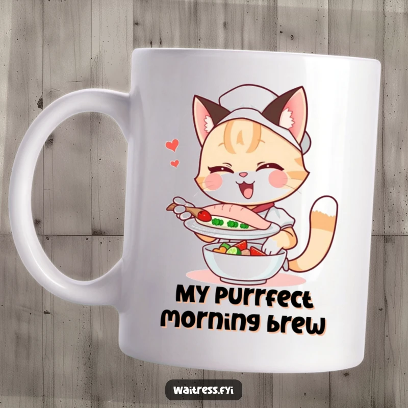 Funny cat waitress winking playfully while serving a fish dish, perfect for coffee mugs and cat lovers.