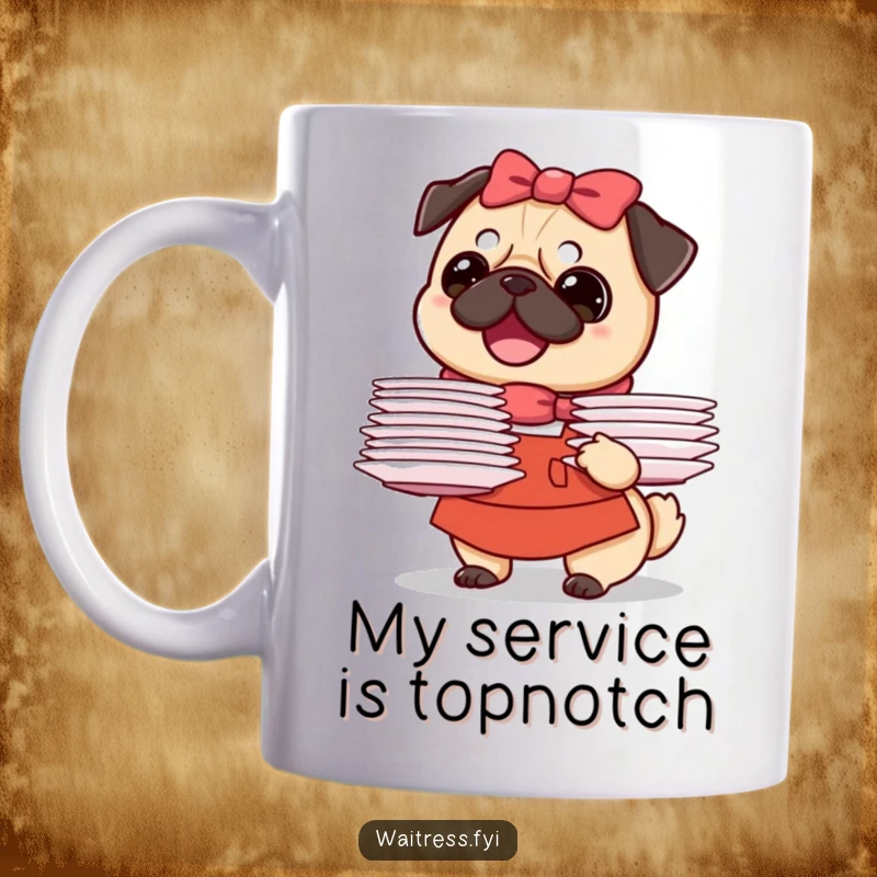 Funny Pug Waitress Mug featuring a joyful pug artistically balancing a stack of plates with a beaming smile, ready to serve.