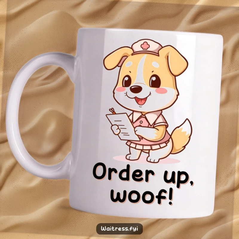 Funny Dog Waitress Mug with a smiling dog in a uniform, holding a notepad and pen, ready to take an order.